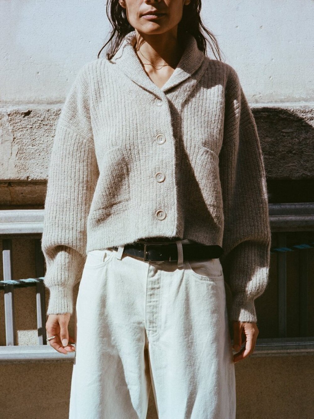 OZMA Sloan Brush Ivory Alpaca Blend Knit Cropped Shawl Cardigan Sweater, Size XS - Picture 4 of 13
